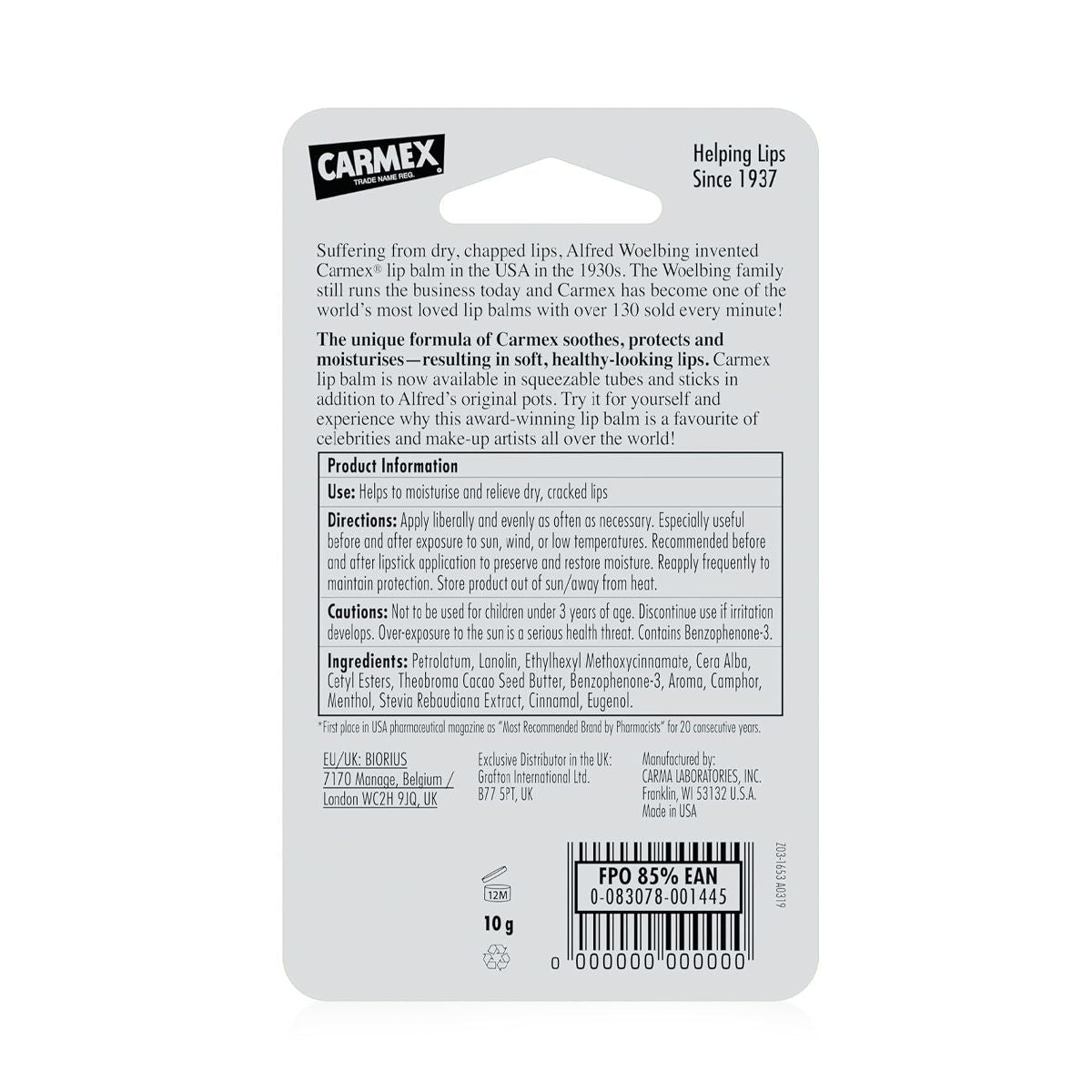 Carmex Moisturising Lip Balm SPF15 – Cherry Flavor – 10g